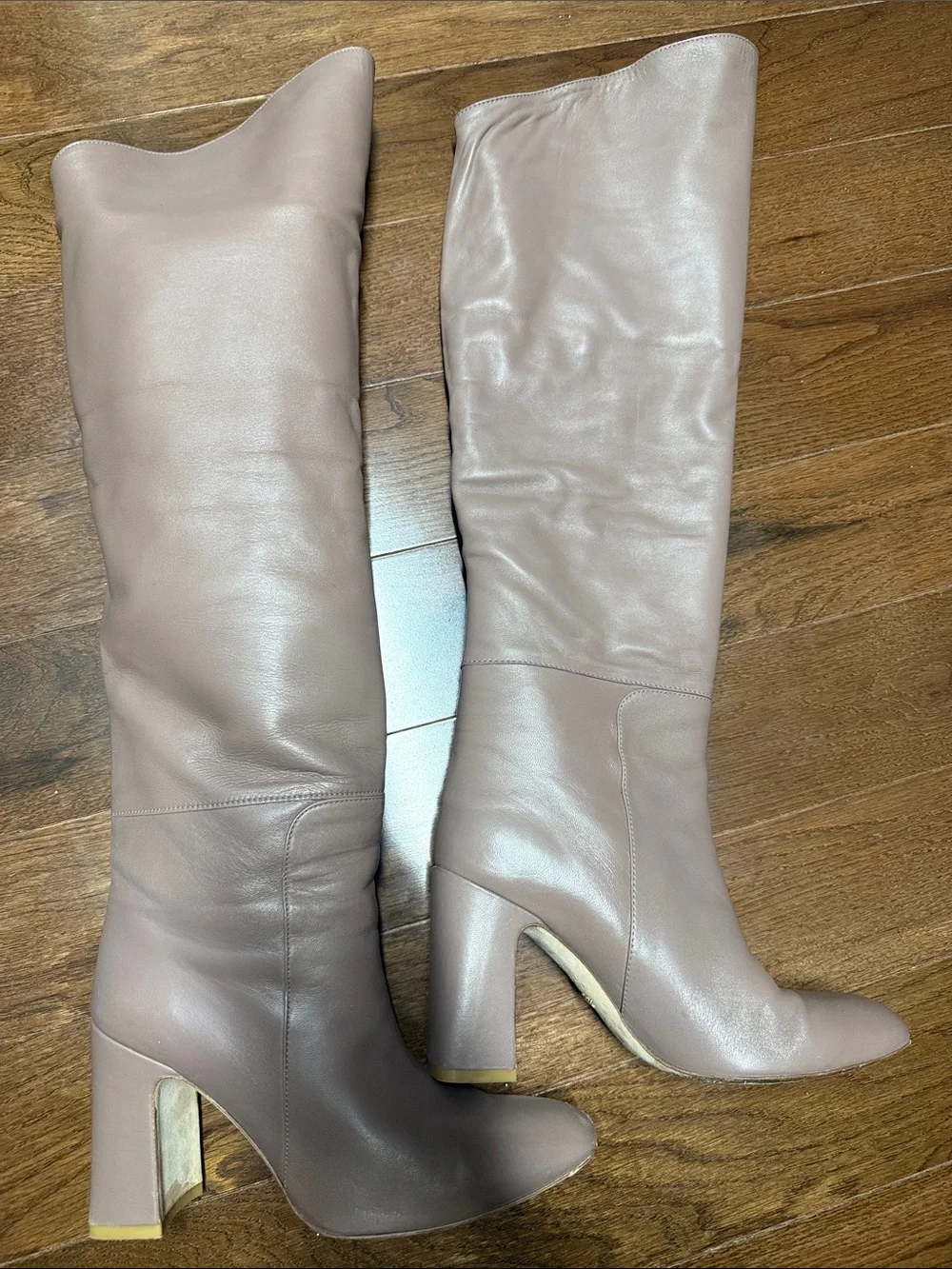 Stuart Weitzman Over-the-Knee Block Heel Boots in Taupe Brown
